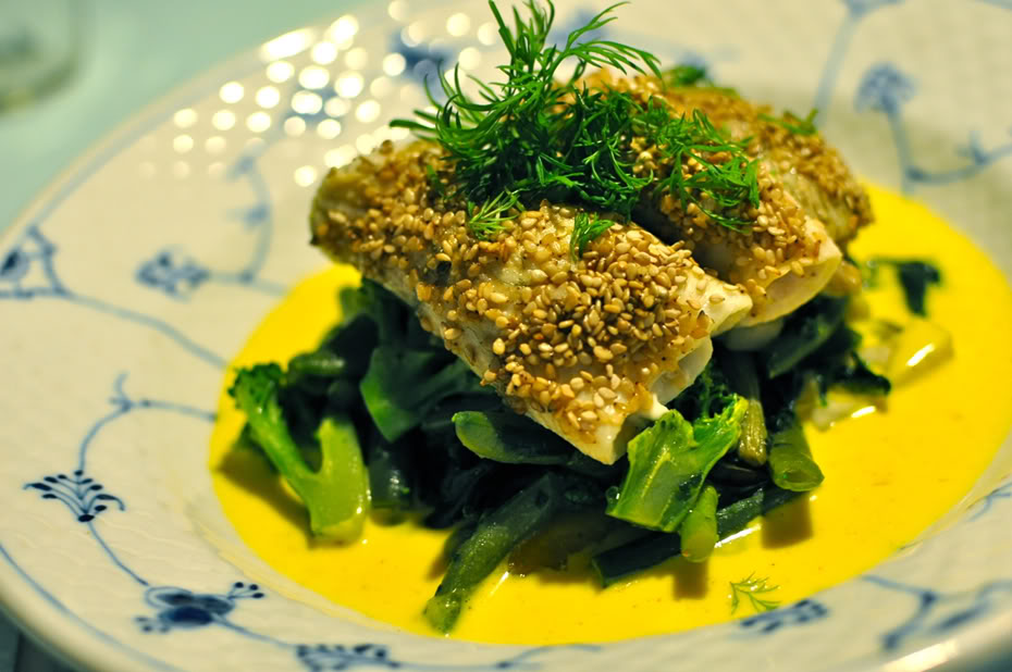 White fish in sesame, greens and saffron sauce Emily Salomon